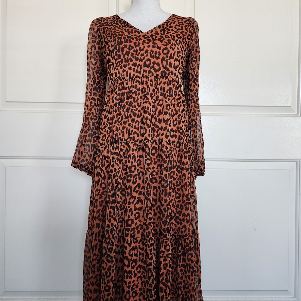 LOFT Brown and Black Ruffled Bell Sleeve Dress